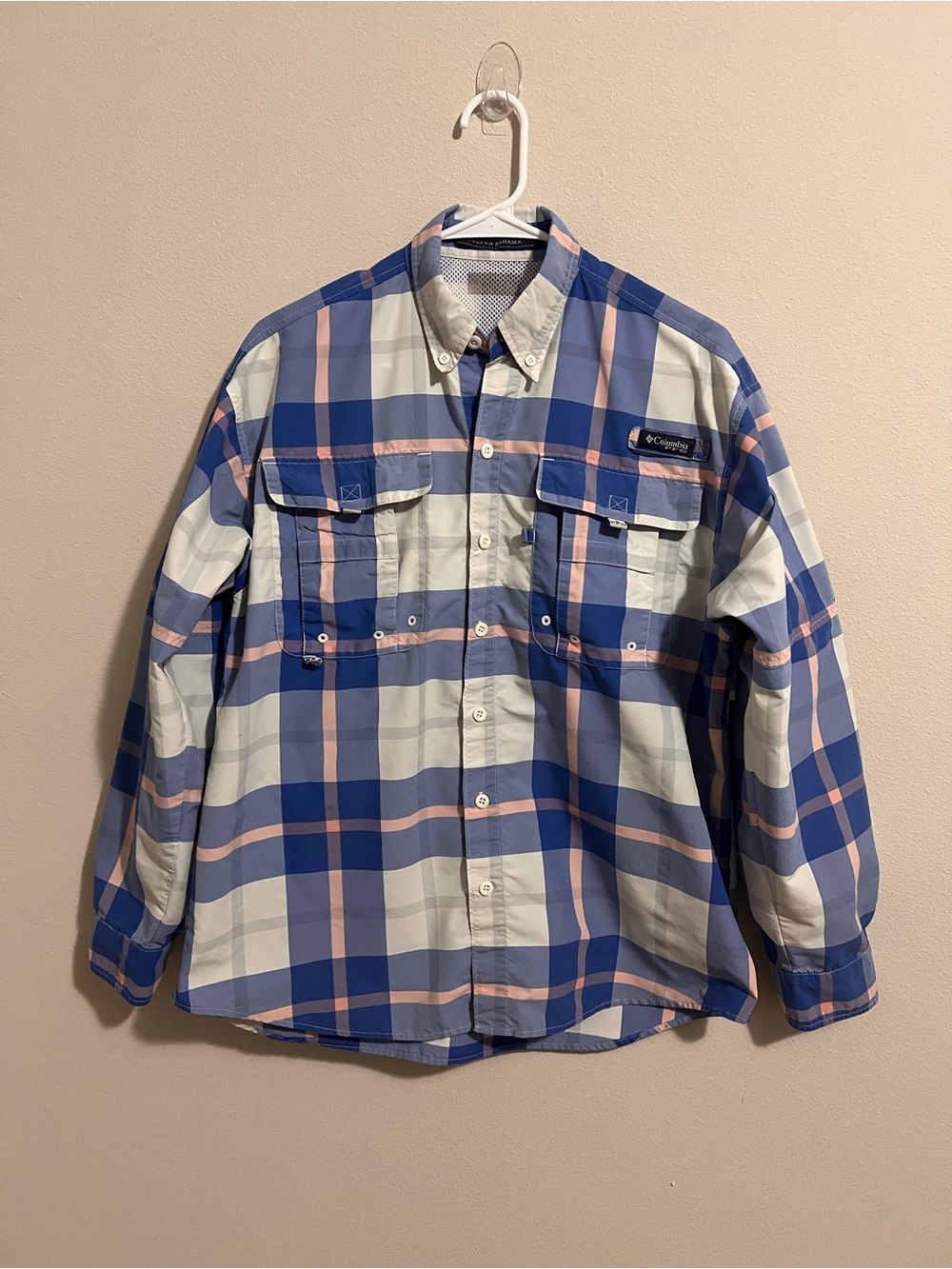 Columbia Plaid Button-Front Fishing Shirt in Blue, Cream & Pink